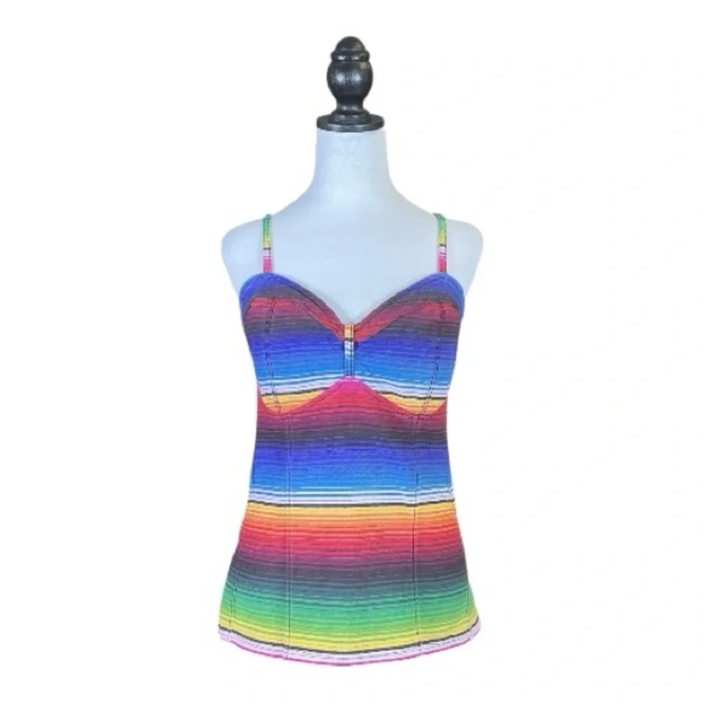 Royal Bones Rainbow Serape Striped 100% Cotton Spaghetti Strap Top XXL - Picture 2 of 10
